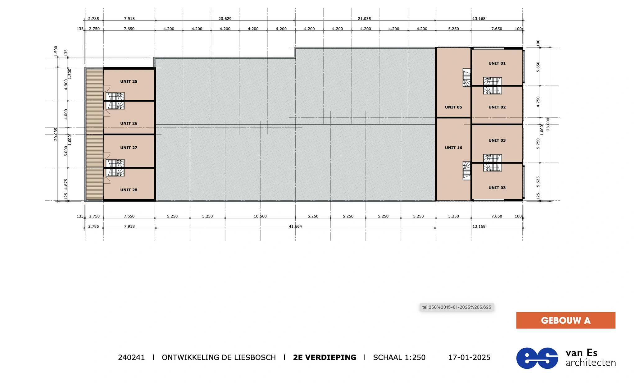 Plattegrond van de tweede verdieping van Gebouw A in ontwikkeling De Liesbosch, met ingetekende units 01 t/m 05, 16 en 25 t/m 28.